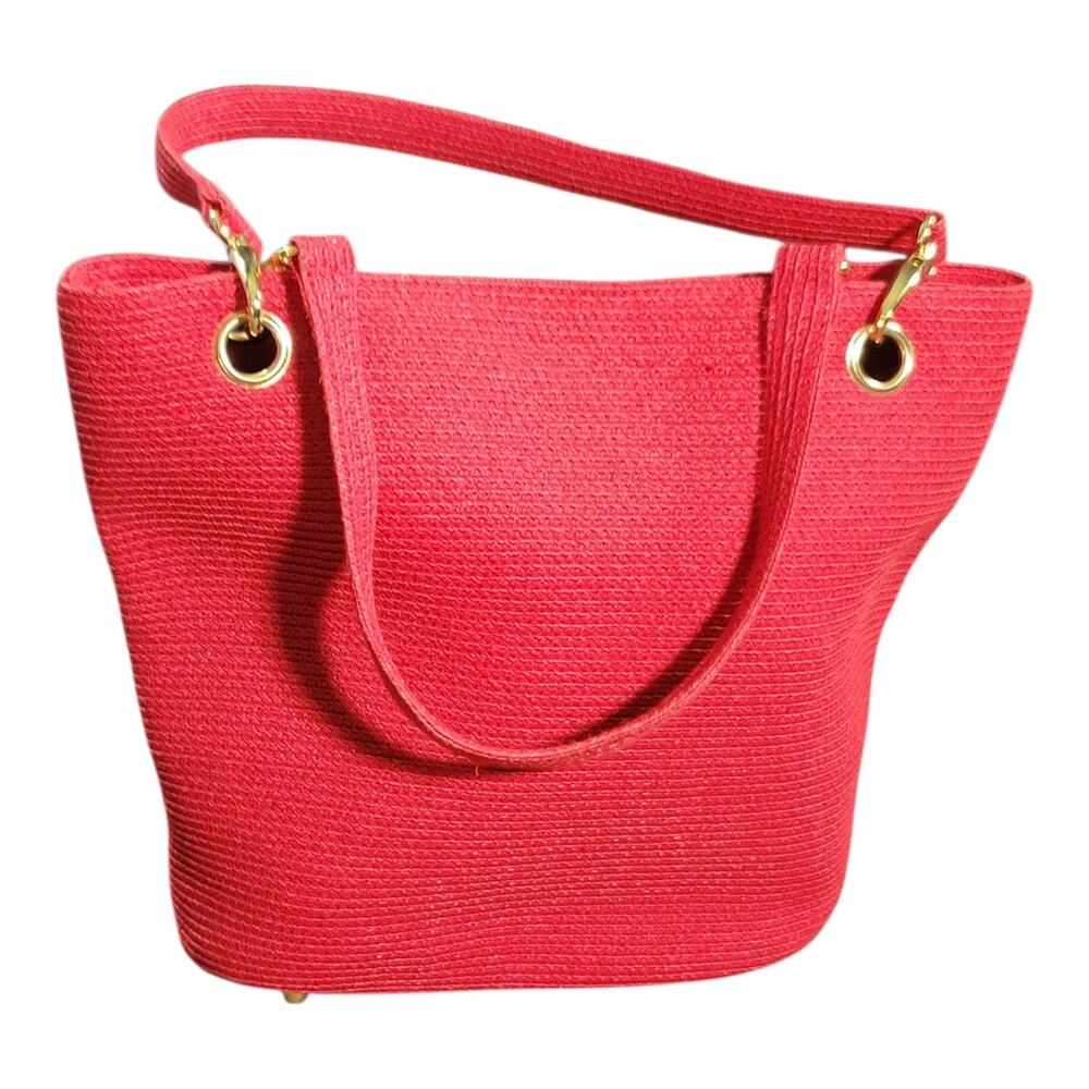 Red‎ Woven Structured Handbag Gold Tone Hardware Top Handle Tote Studded Purse